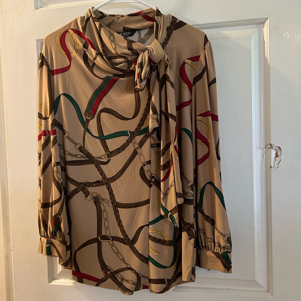 Ralph Lauren Beige Silk-Feel Tie Neck Blouse with Chain Print